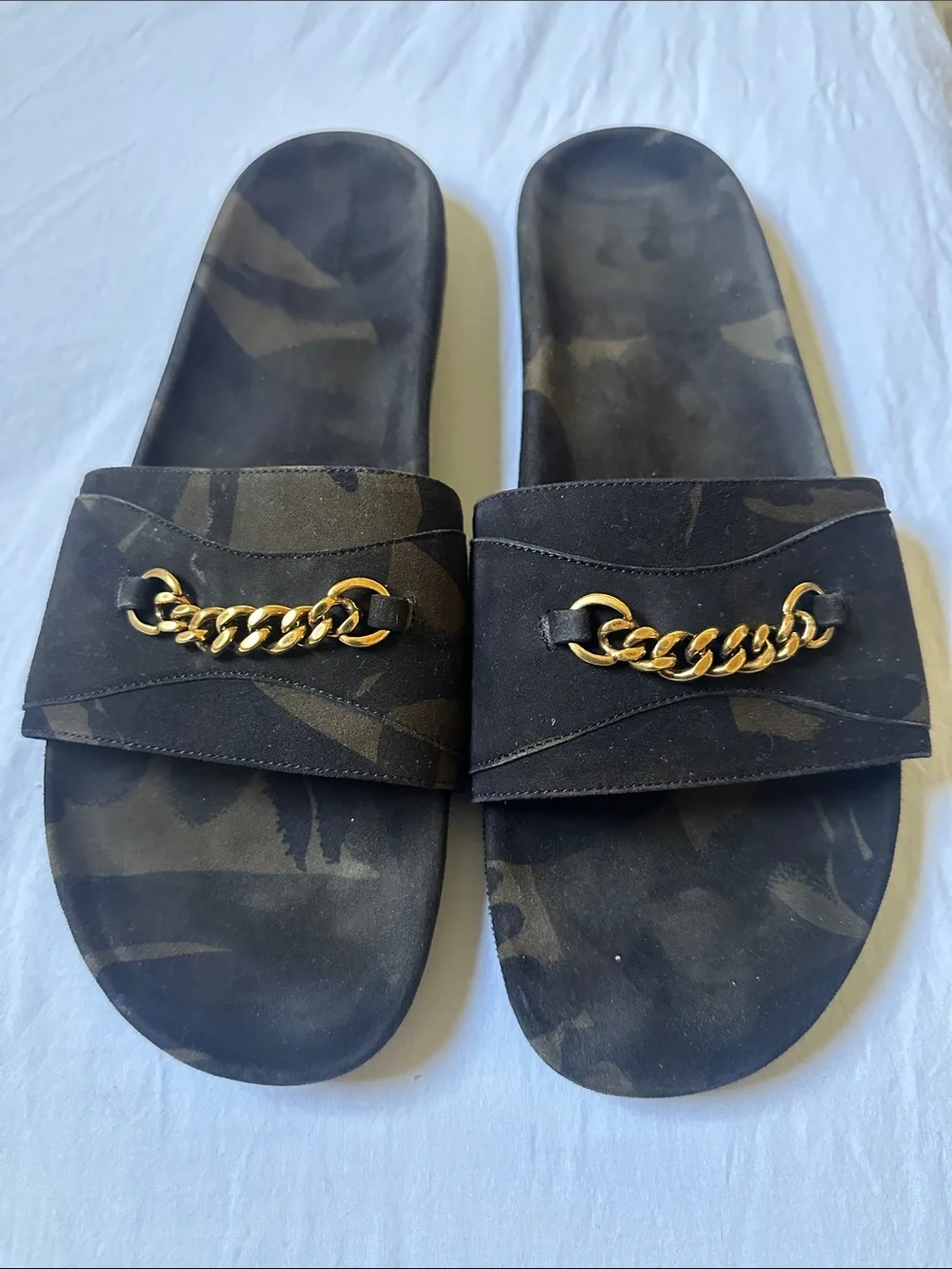 Tom Ford Gold Chain Accent Green Black Camouflage Men’s Slide Sandals Size 12T